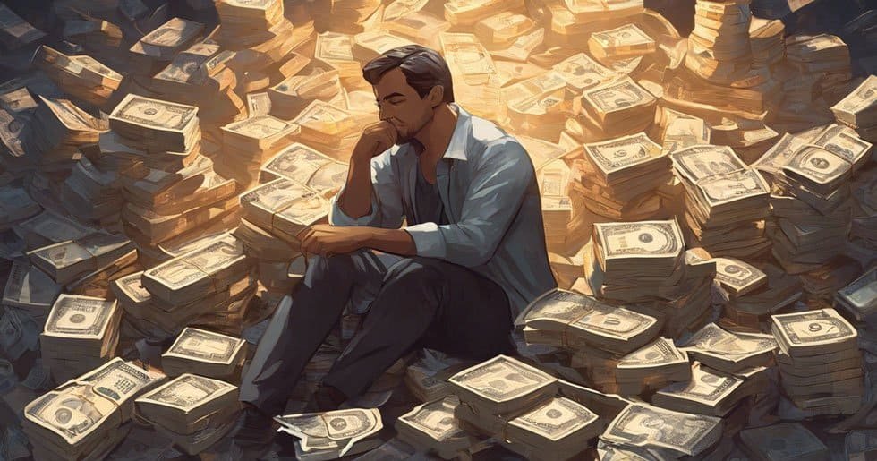 a man contemplating amidst a pil of money